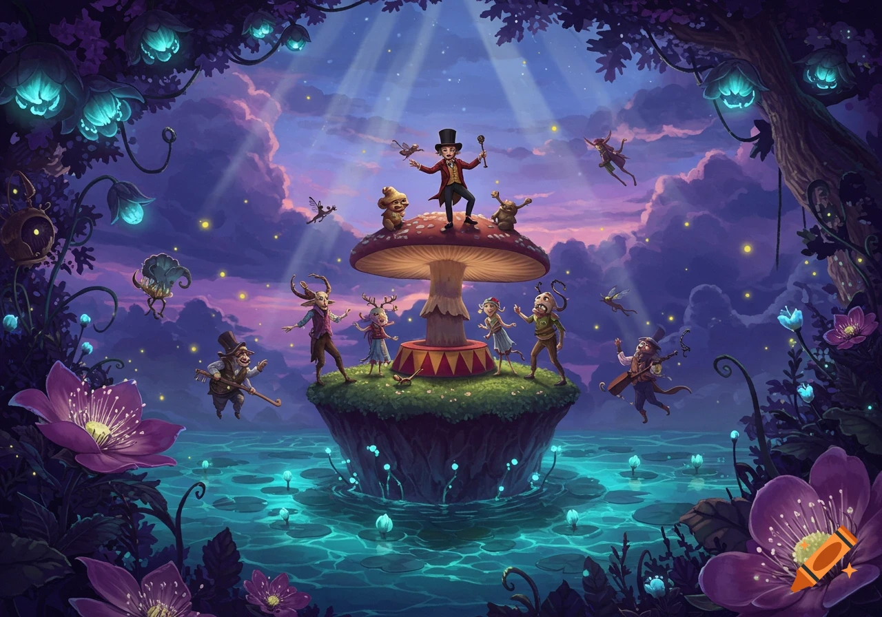 A whimsical ringmaster and fantasy creatures perform on a mushroom stage floating on a magical glowing pond at sunset.