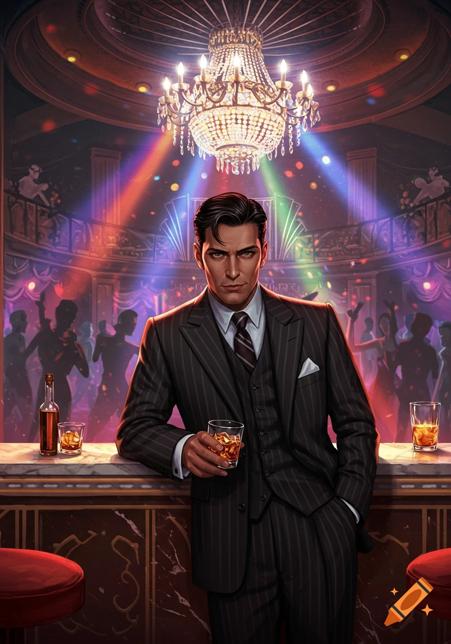 An illustration of a man in a pinstripe suit leaning on a bar, holding a drink, in a vibrant nightclub with dancing silhouettes and a chandelier.