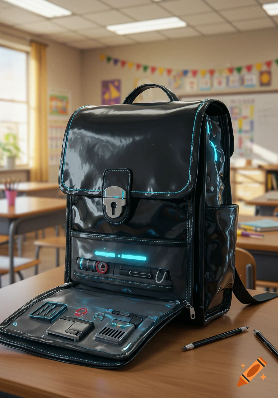 A black, glossy futuristic schoolbag with glowing blue accents and open secret compartments sits on a wooden desk in a classroom.