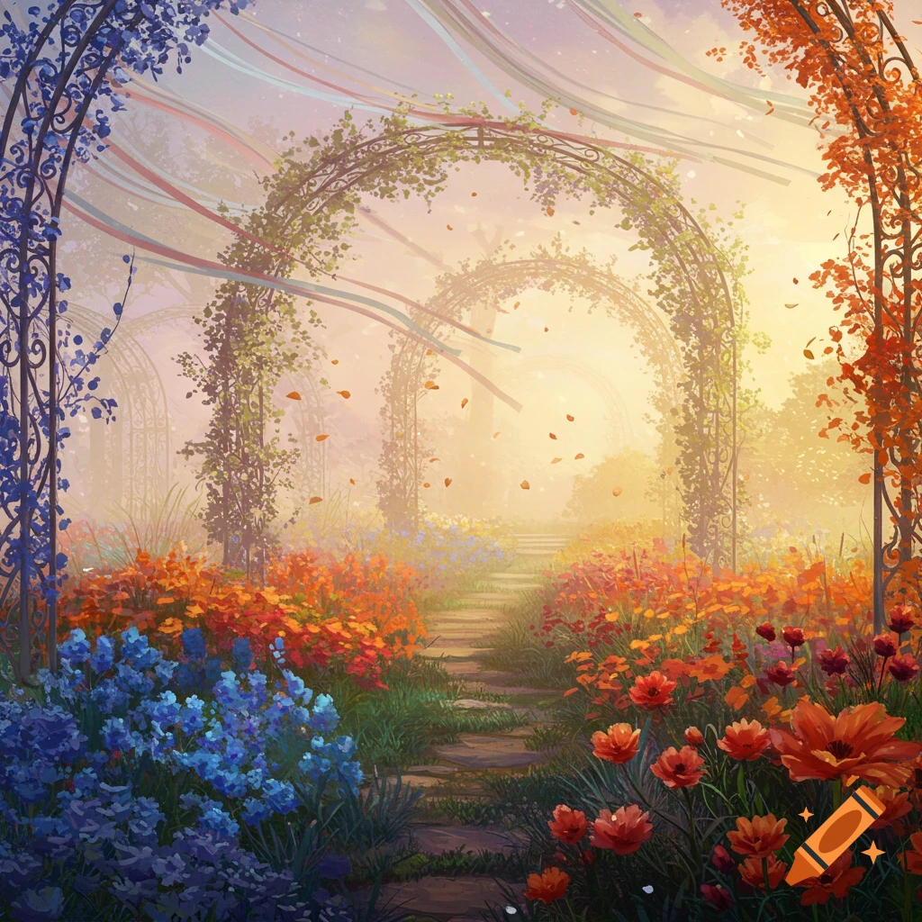 A vibrant garden path winding through ornate arches covered in vines and colorful flowers under a warm, glowing sky, with ribbons flowing.