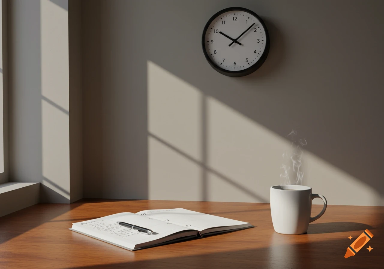 A minimalist workspace with an open planner, pen, and steaming coffee mug on a wooden desk, with a wall clock above.