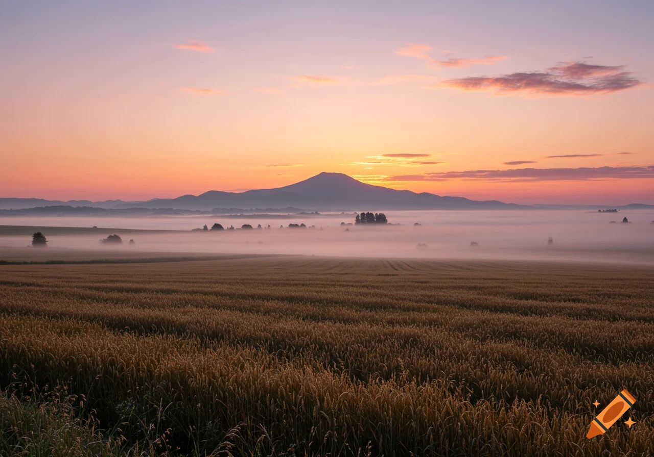 Photorealistic image of a misty sunrise over a golden field with a large mountain in the distance.