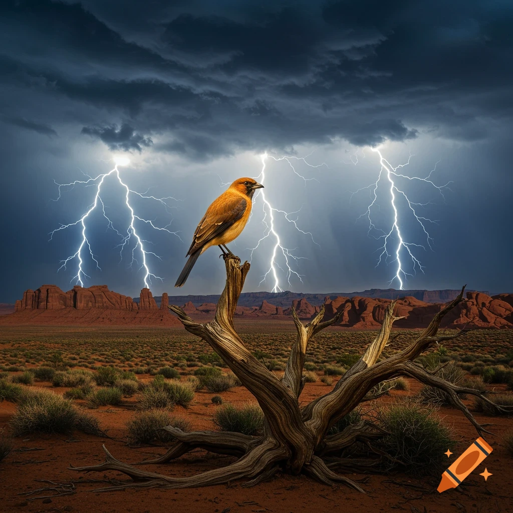 A brown bird perched on a dead tree stump in a stormy desert landscape with multiple lightning strikes.