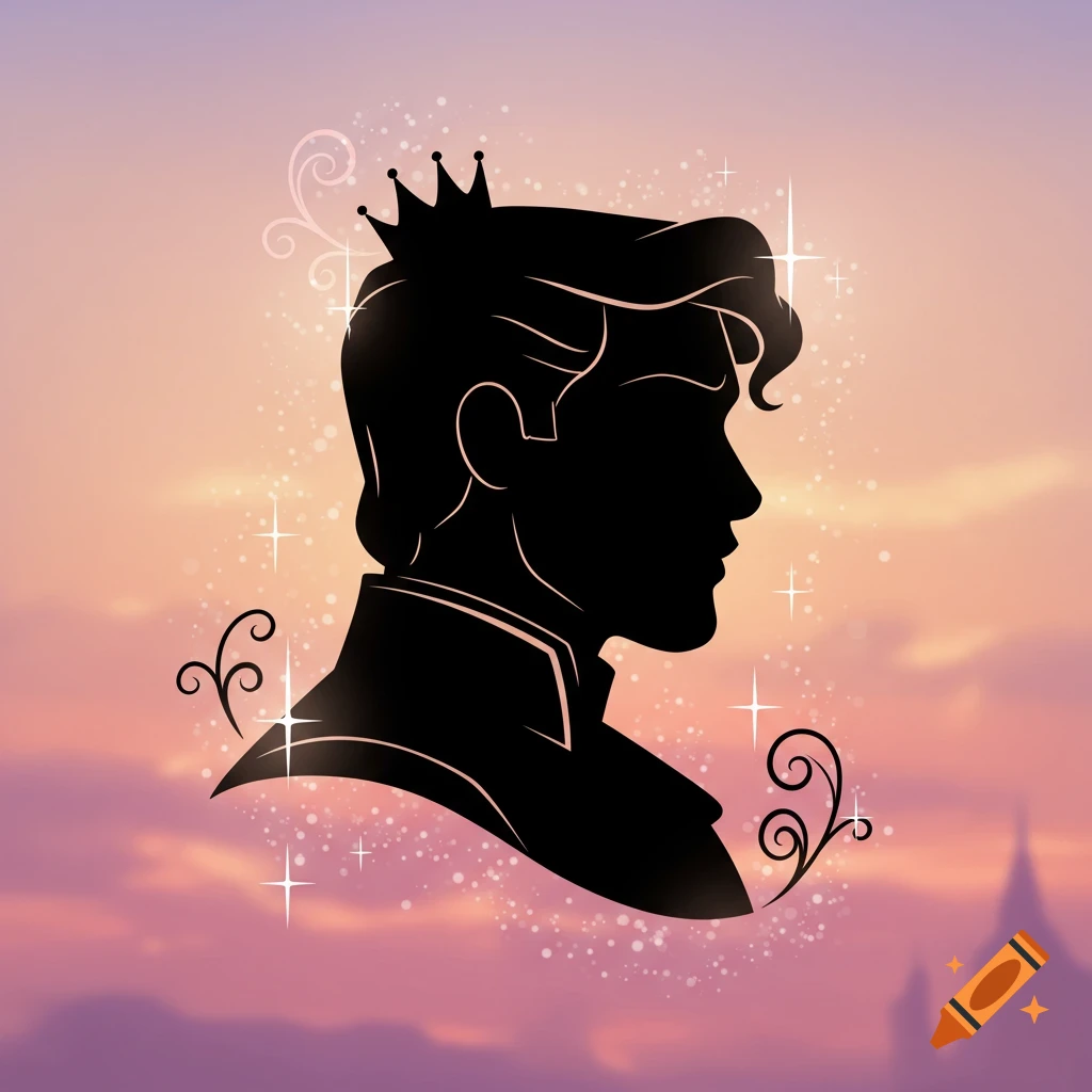 Silhouette of a Disney prince with a crown, against a sparkling pink and purple sunset with distant castles.
