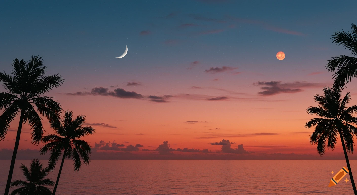 Tropical ocean sunset with palm tree silhouettes, a crescent moon, and a reddish planet in the sky.