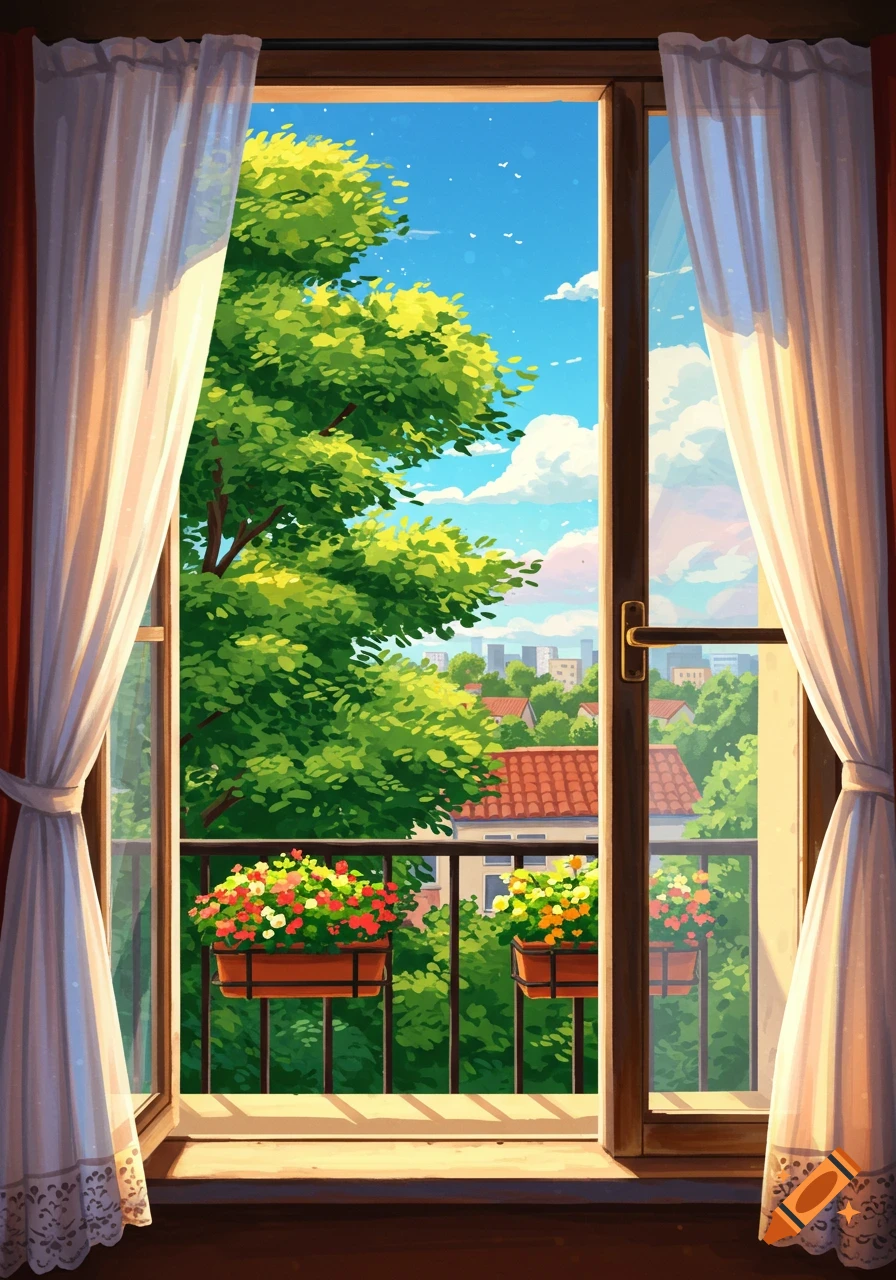 Anime style view from a window with white curtains, balcony with flower boxes, green trees, and distant city under a blue sky.