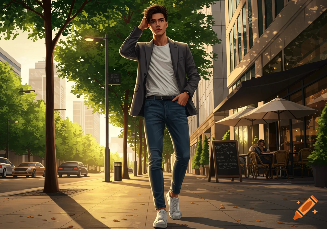 An illustrated young man in a jacket and jeans walks down a sunny city sidewalk past a cafe.