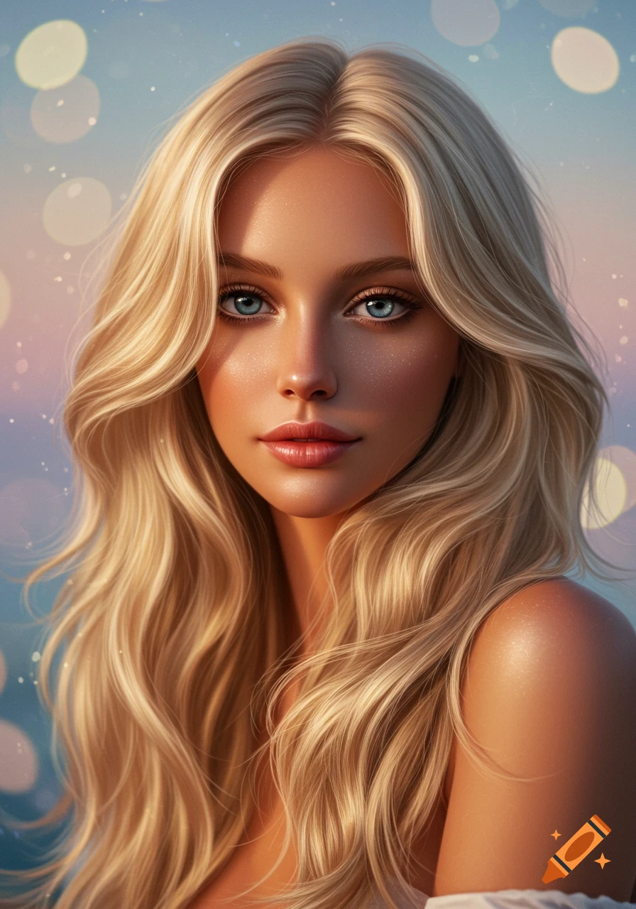 Hyperrealistic close-up portrait of a blonde woman with blue eyes, long wavy hair, and glowing skin against a bokeh background.