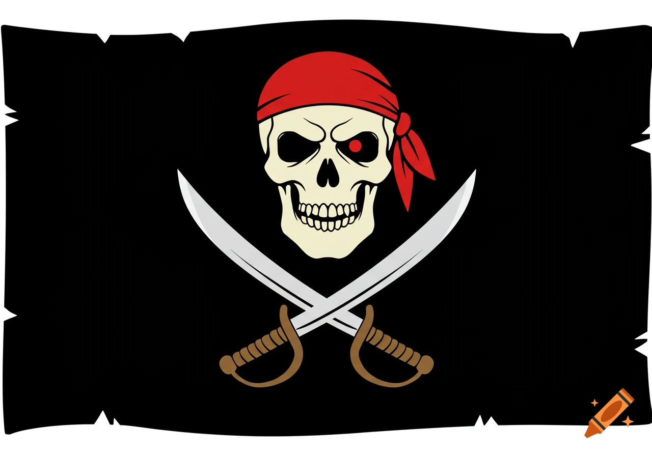 Stylized illustration of a pirate flag with a skull wearing a red bandana and crossed sabres on a black background.