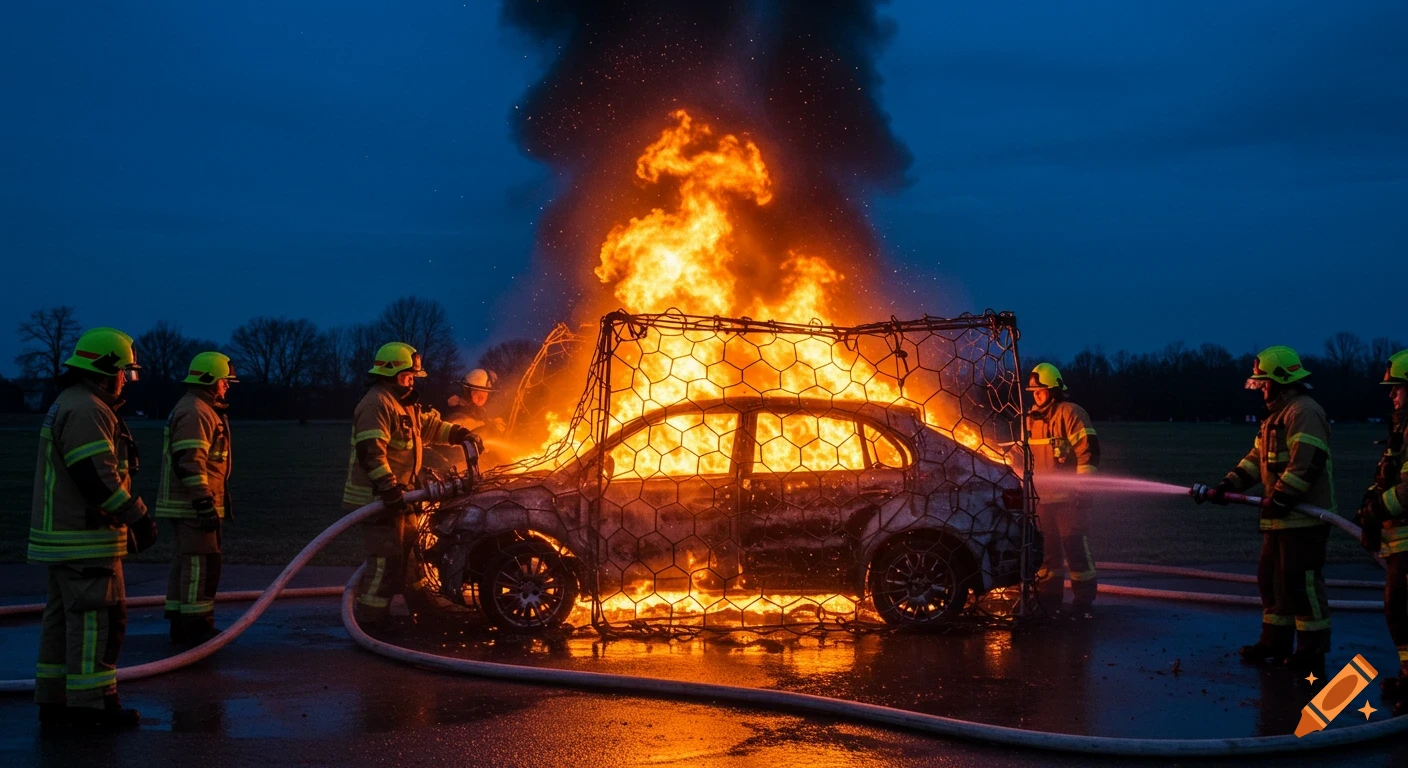 Firefighters spray water on a burning car encased in a honeycomb structure at dusk, photorealistic.