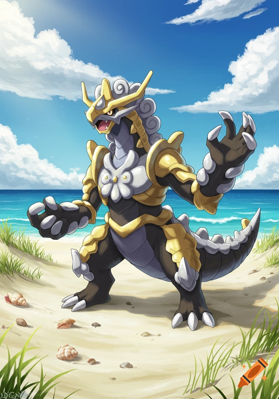 Anime-style Kommo-o, a black, gold, and white dragon Pokemon, stands on a sunny beach by the ocean.
