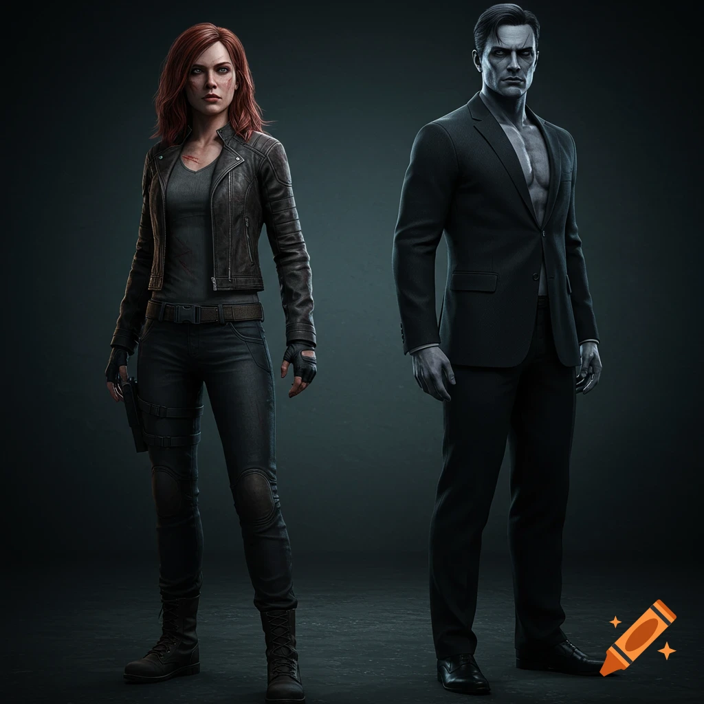 A red-haired woman in a leather jacket and combat pants next to a pale man in a black suit, realistic cinematic style.