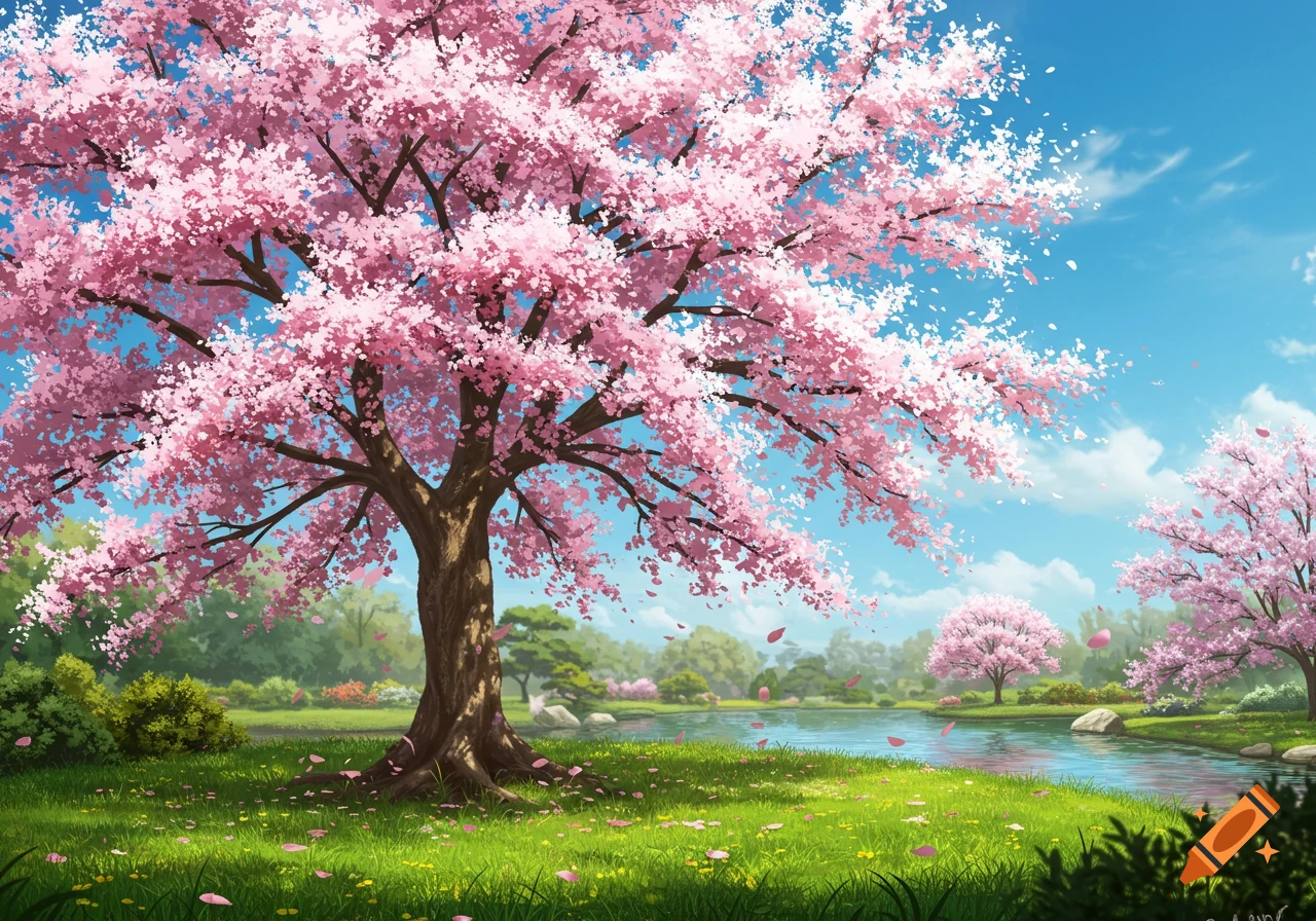 Vibrant anime-style landscape with a large pink cherry blossom tree beside a river, petals falling into the water under a clear blue sky.