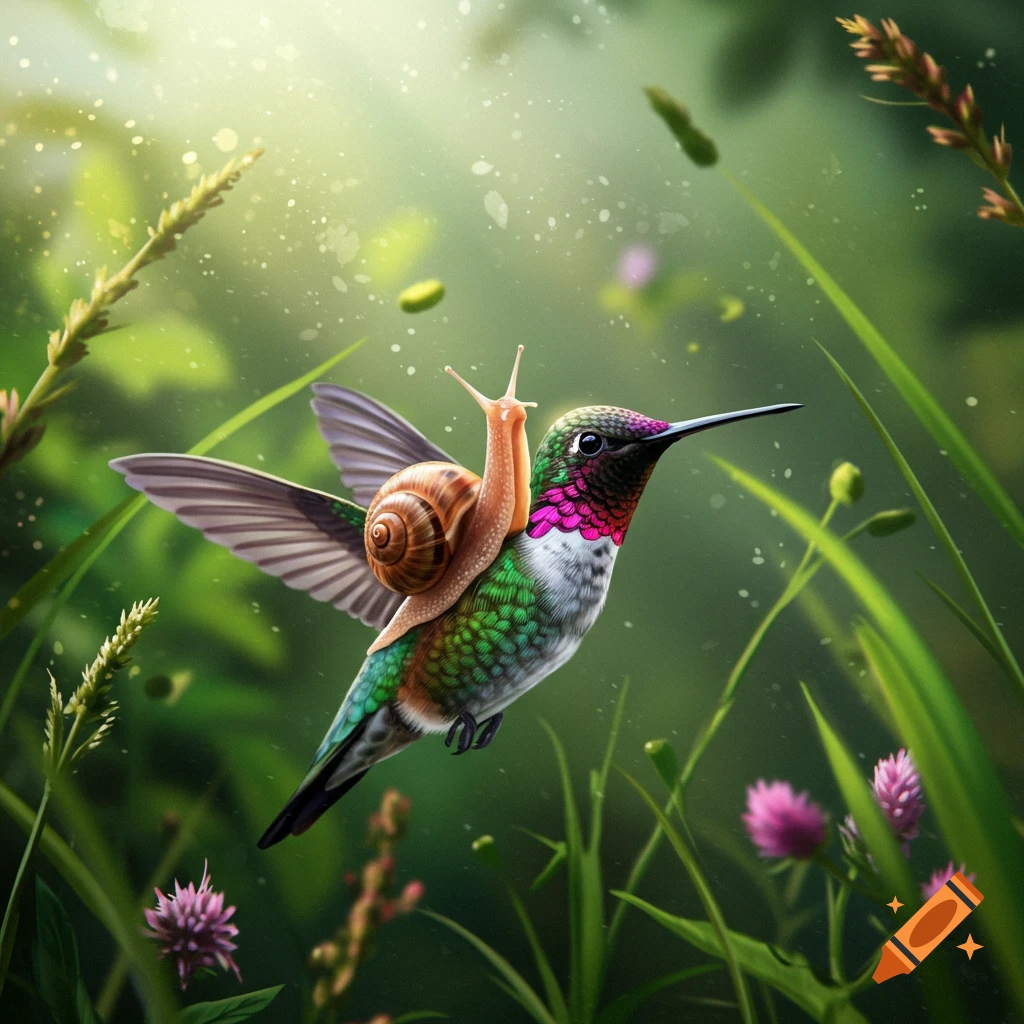 A vibrant hummingbird carries a snail on its back, flying through a lush, sunlit green environment with small pink flowers.