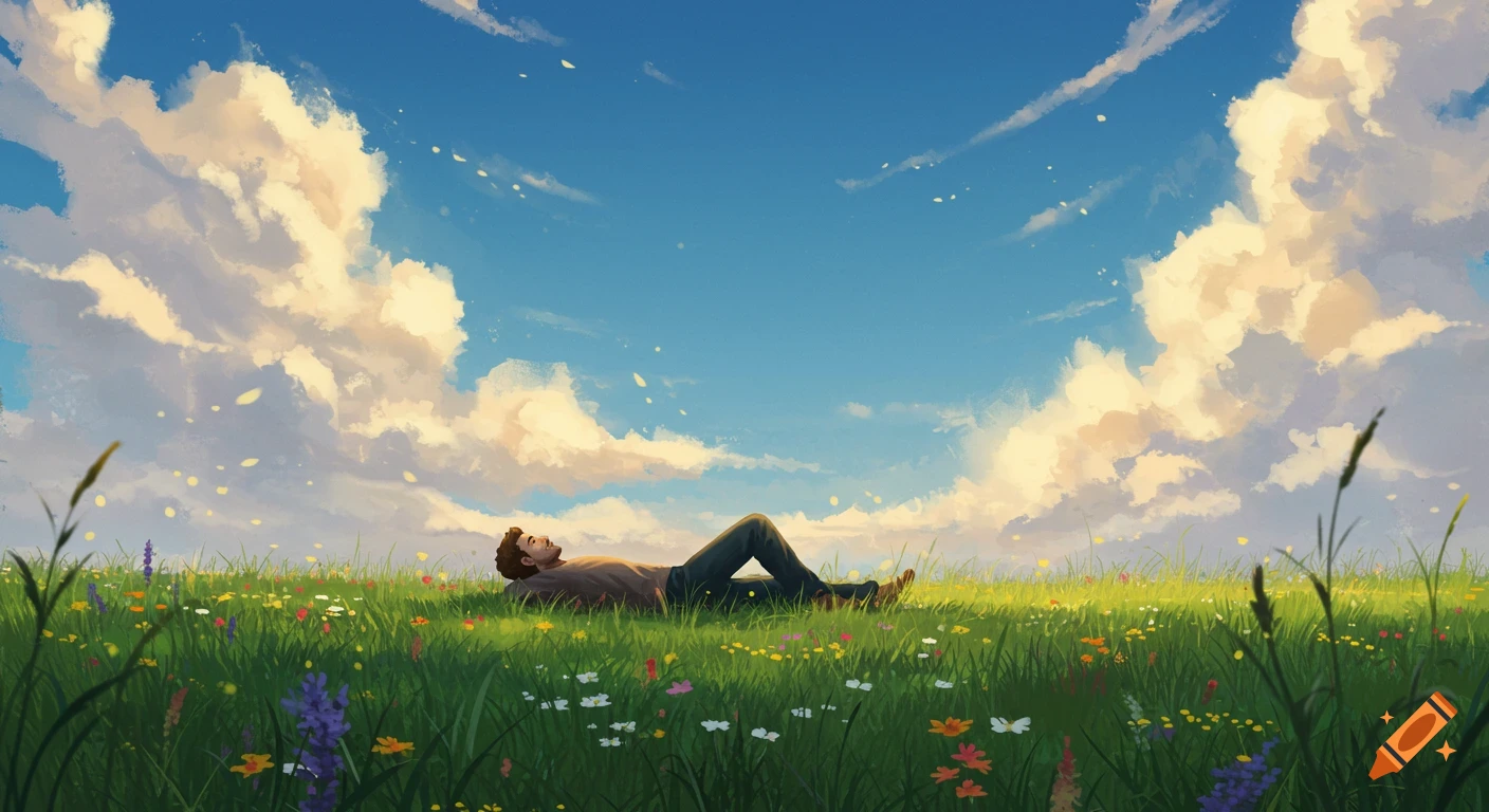 A man relaxes on his back in a lush wildflower meadow, looking up at a bright blue sky with fluffy clouds, digital art.