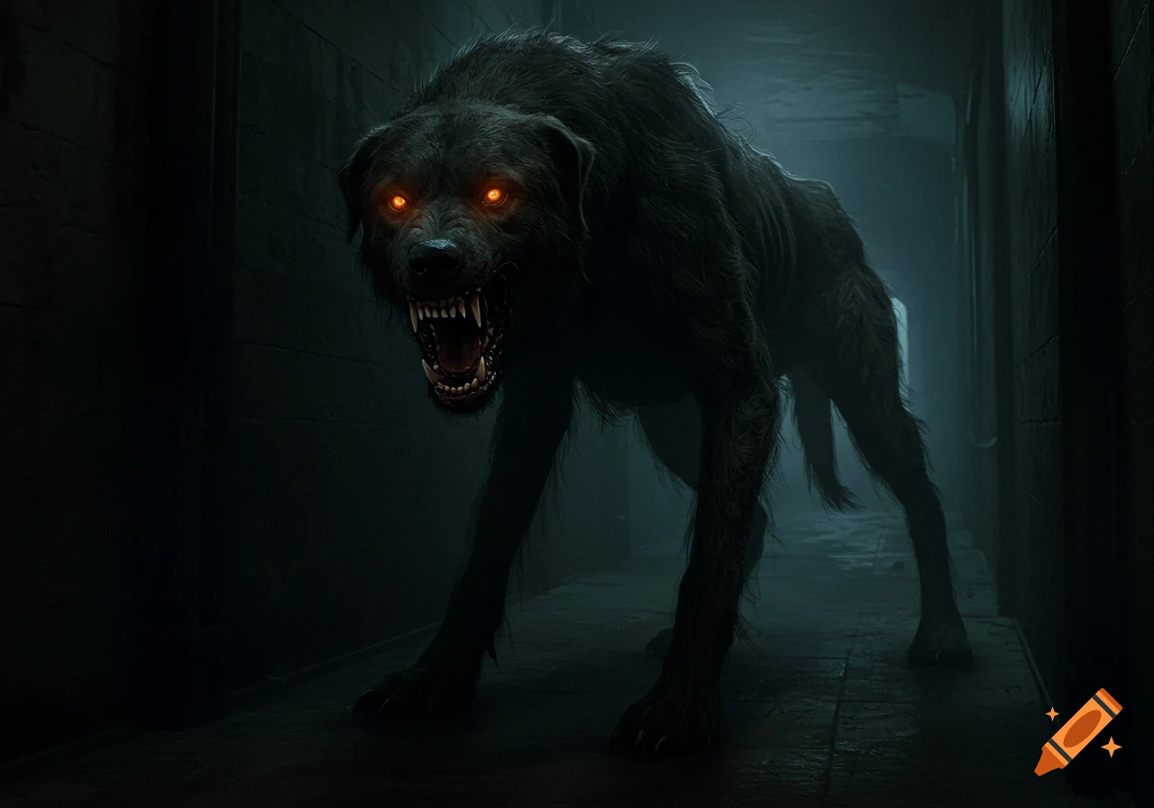 A terrifying spectral dog with glowing orange eyes and sharp teeth snarls in a dark, dimly lit hallway.