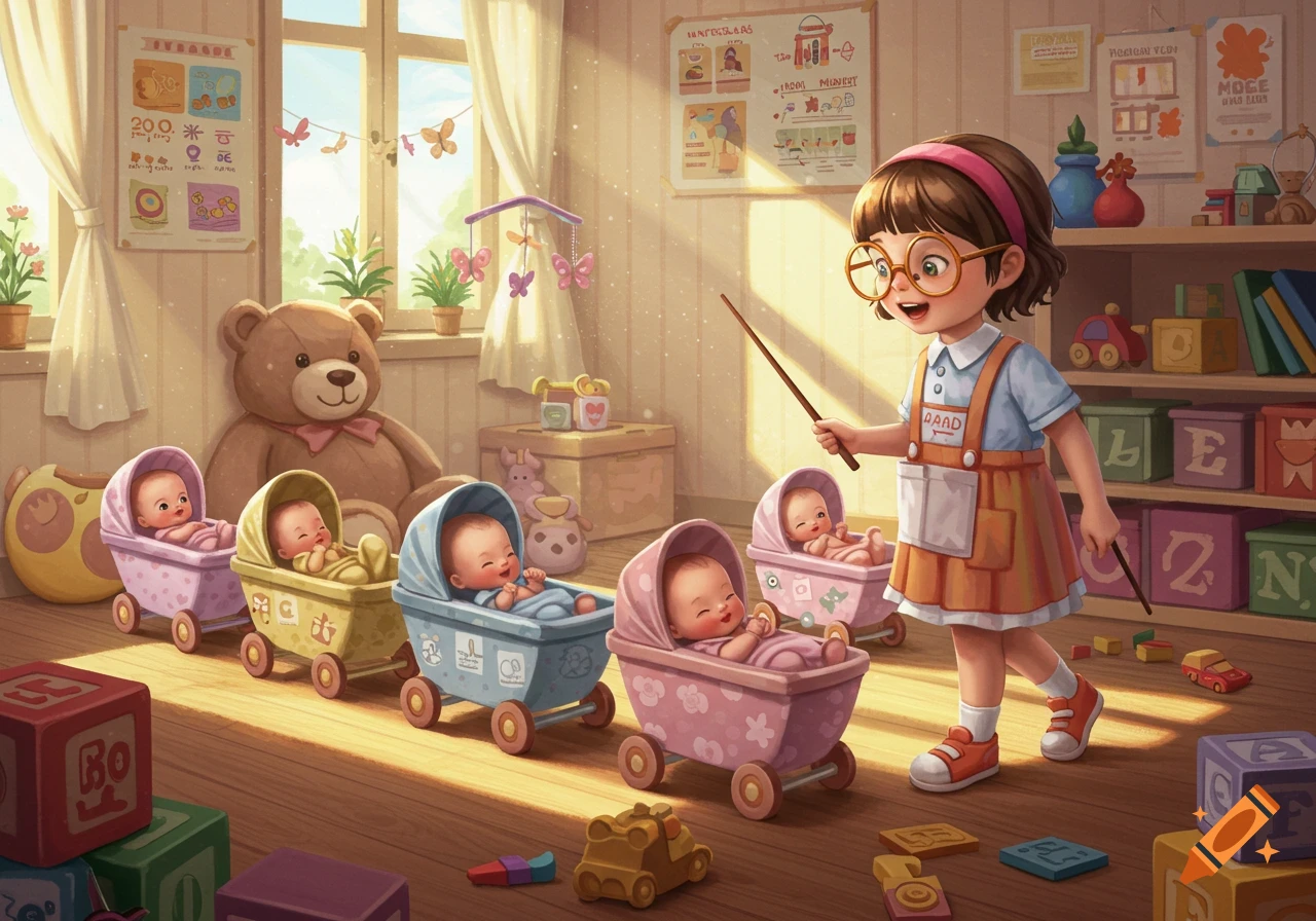 A little girl in glasses teaches baby dolls in strollers in a sunny, cluttered playroom with a teddy bear.