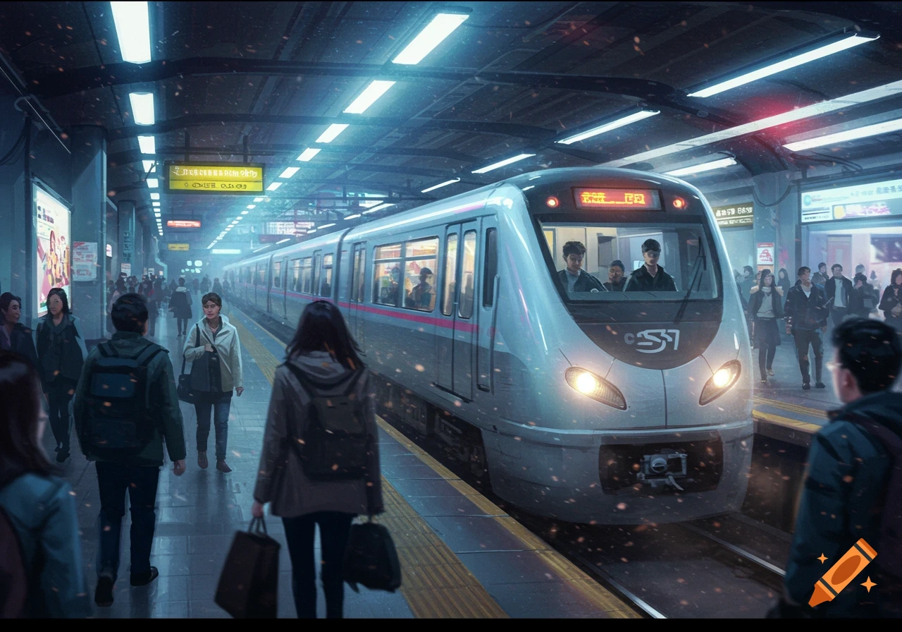 A stylized underground subway station with a train arriving, passengers waiting on the platform under bright lights.