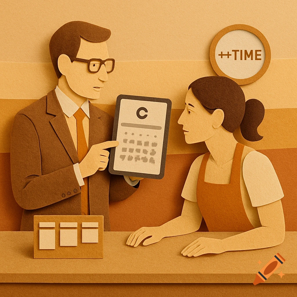 Paper craft illustration of a business consultant in a suit showing a tablet with garbled text to a female artisan. A clock with "++TIME" hangs on the wall.