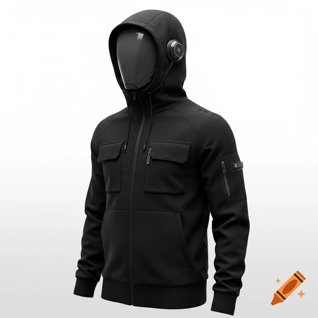 Black techwear hoodie with integrated headphones on a dark mannequin, featuring multiple zippered and flap pockets on a white background.