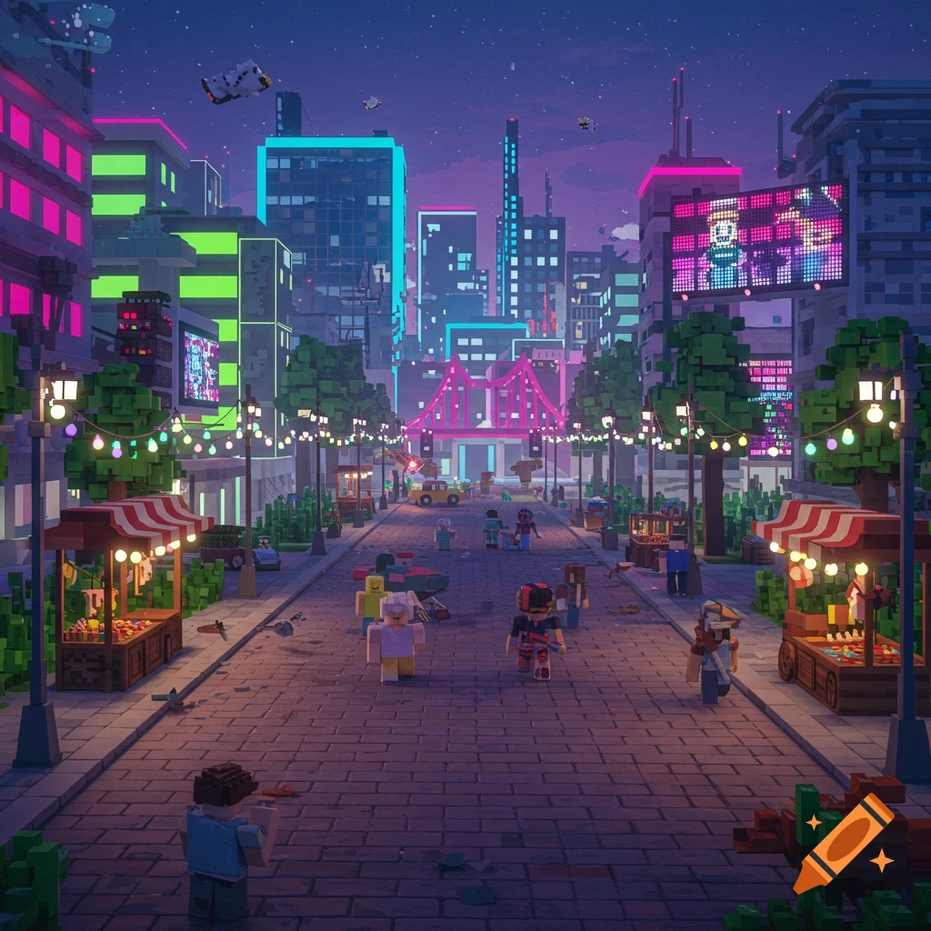 A vibrant pixelated cityscape at night with neon lights, market stalls, and blocky characters walking on a cobblestone street.