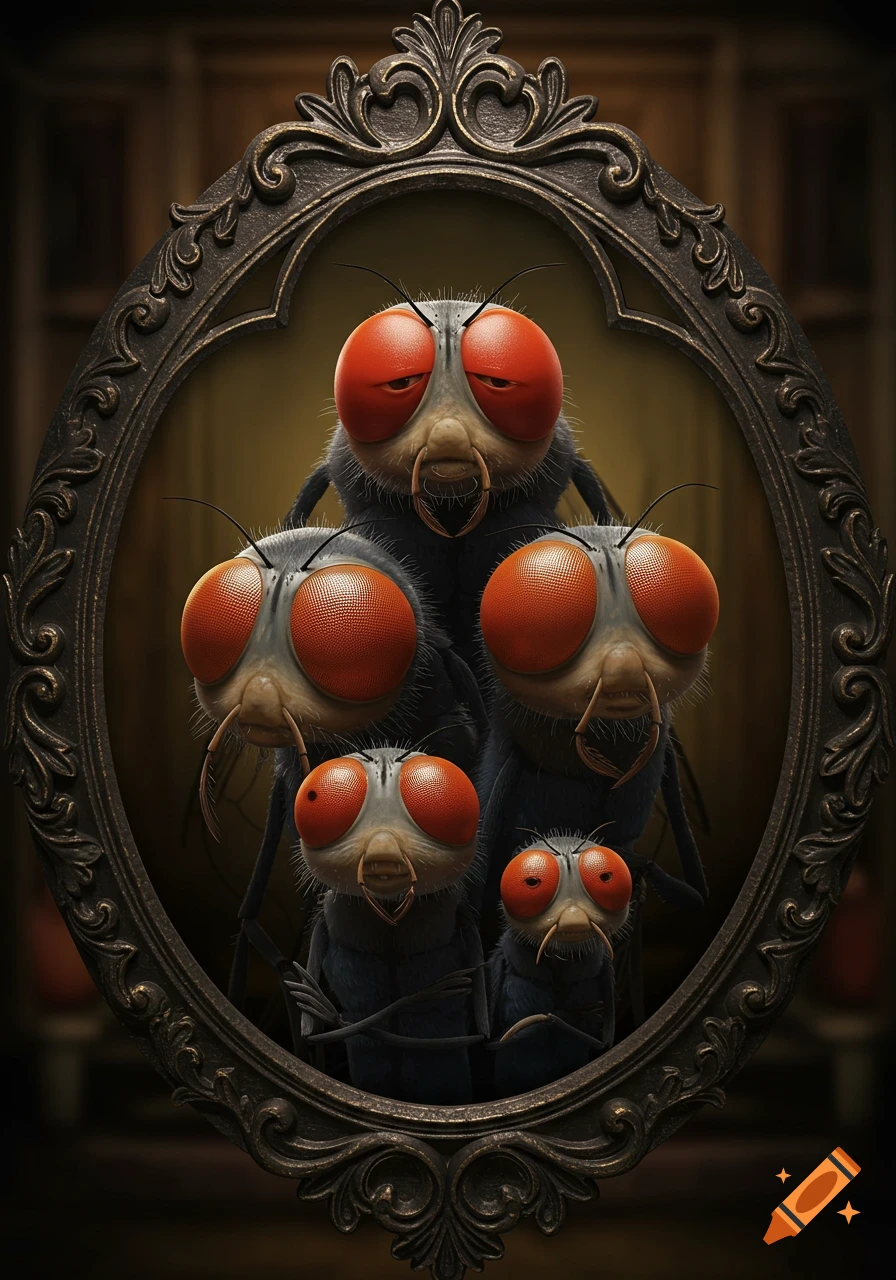 A cartoon portrait of a fly family with large red eyes, in an ornate gothic frame with dramatic lighting.
