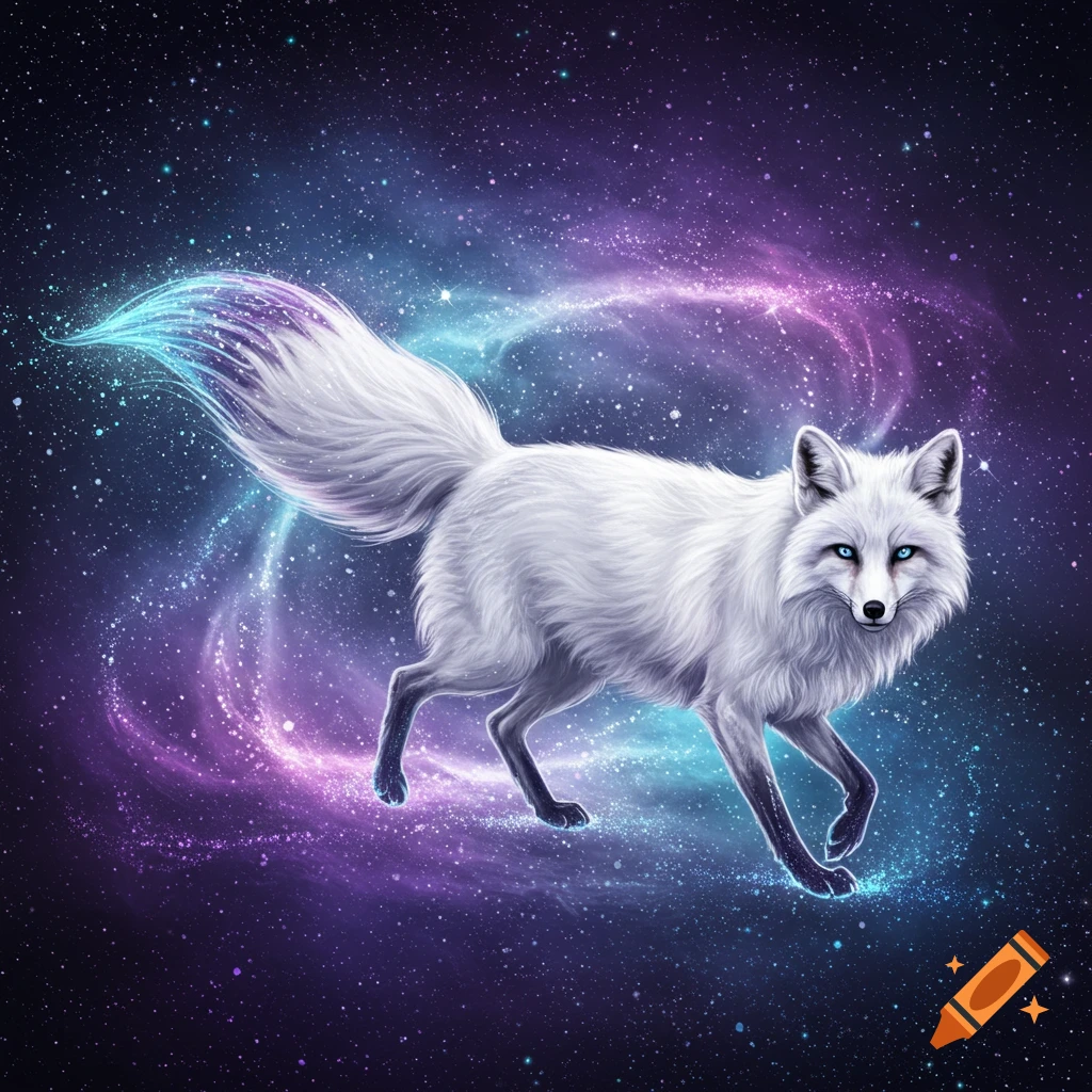 A majestic white fox with bright blue eyes walks across a vibrant purple and blue galaxy filled with stars.