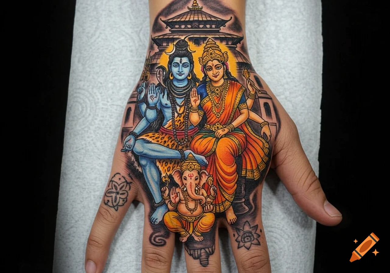 A colorful tattoo on a hand featuring Hindu deities Shiva and Parvati with Ganesha, set against a temple background.