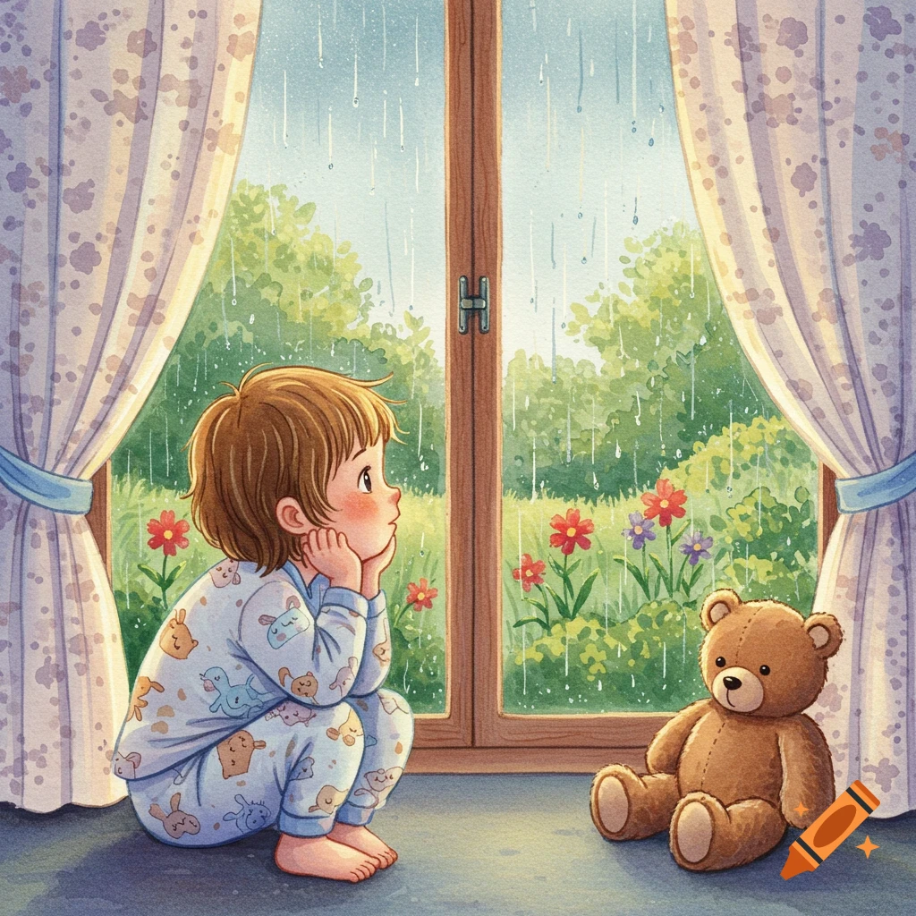 Children's book illustration of a child in pajamas looking out a rainy window with a teddy bear.