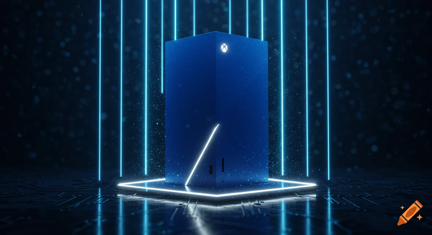 A blue Xbox Series X console stands on a circuit board floor, illuminated by bright blue neon lights in a dark, futuristic setting.