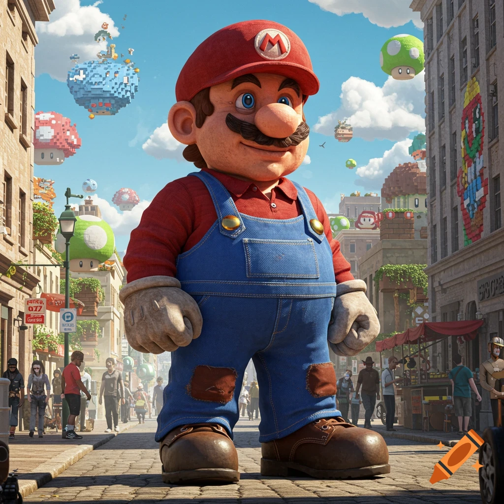 A giant, photorealistic Super Mario stands on a cobblestone city street with pixelated game elements floating in the sky.