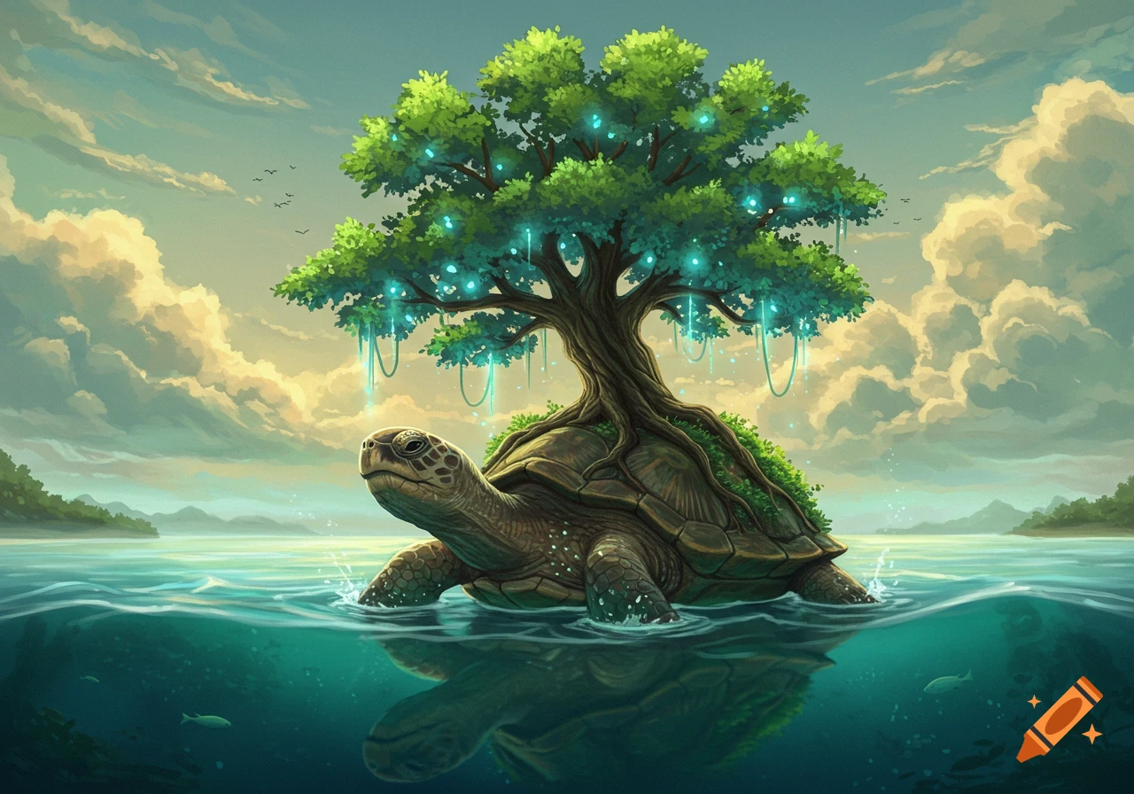 A massive sea turtle with a luminous tree growing on its back swims in clear turquoise water under a soft, cloudy sky.
