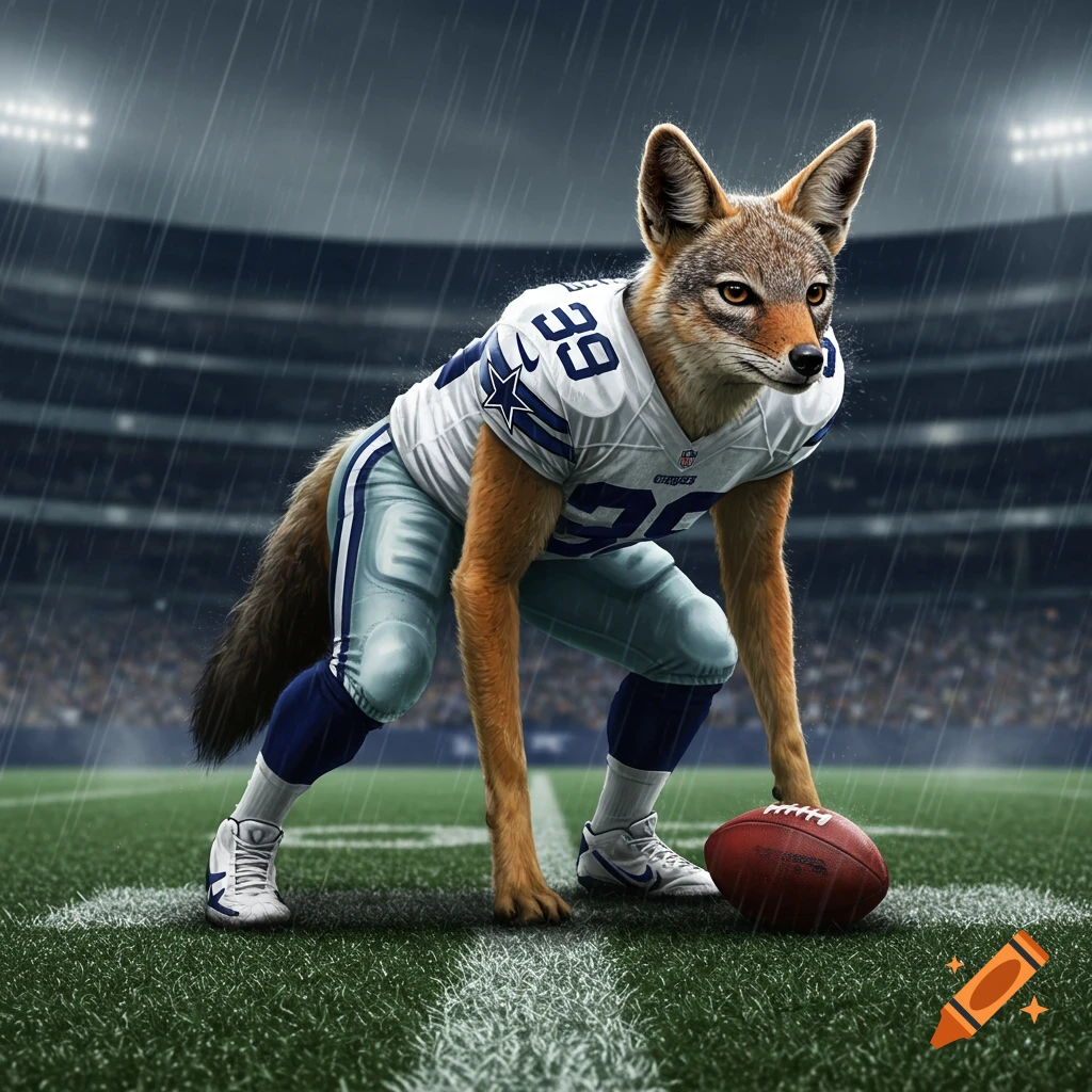 A photorealistic jackal in a Dallas Cowboys NFL uniform crouches on a football field during a rainy game.
