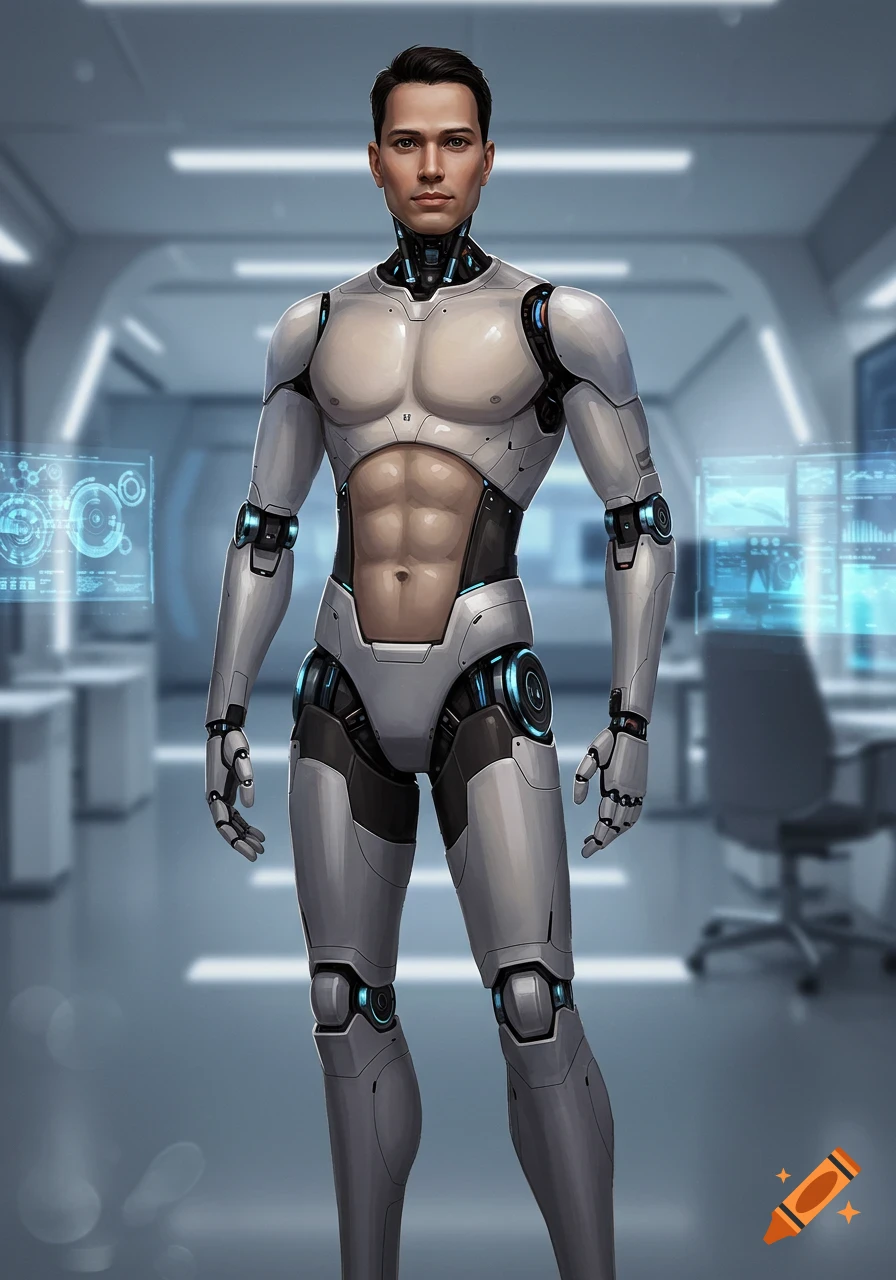 A handsome humanoid robot with a realistic male face and muscular torso stands in a futuristic, high-tech room with holographic displays.