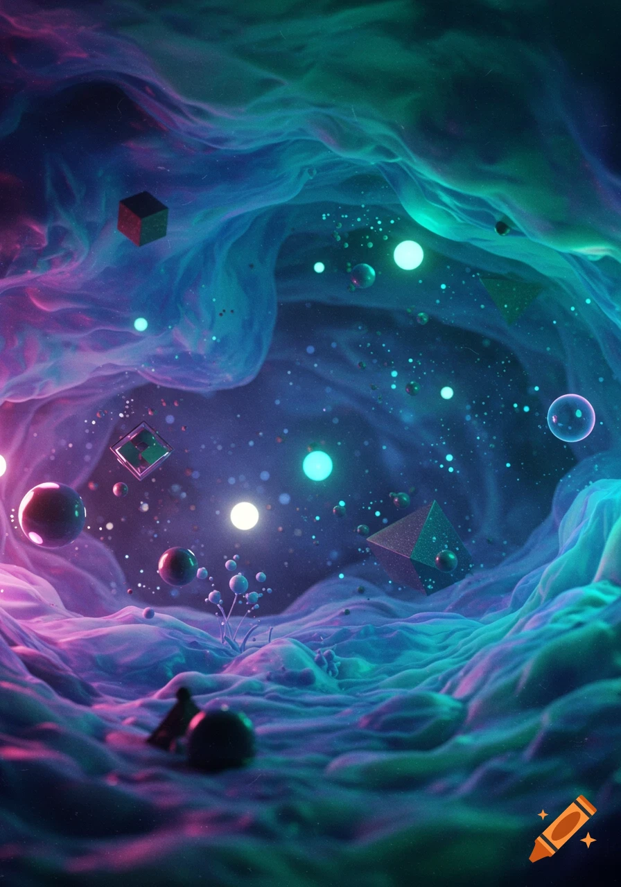 A vibrant, ethereal nebula-like cave with glowing orbs and geometric shapes in shades of blue, teal, and magenta.