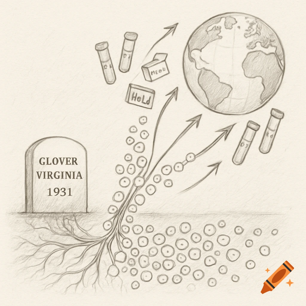 A pencil sketch illustrating a gravestone labeled "Glover Virginia 1931" with roots turning into cells spreading, leading to arrows pointing toward a globe surrounded by test tubes and boxes labeled "HeLd" and "MEGE".