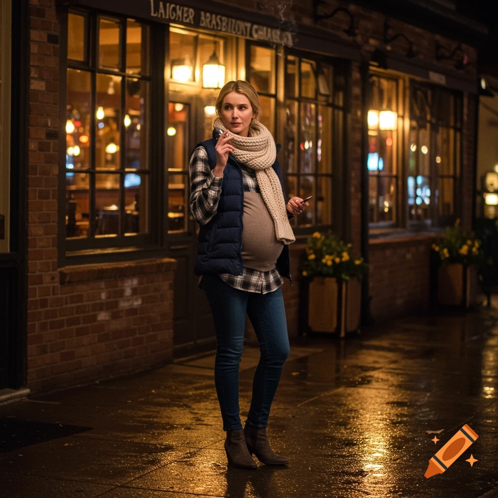 A pregnant woman in a plaid shirt, puffer vest, scarf, and jeans stands outside a lit restaurant at night, holding a cigarette.