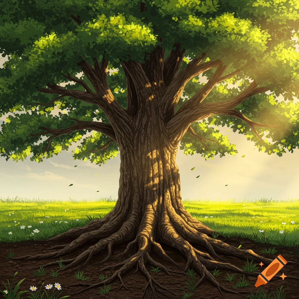A vibrant illustration of a majestic oak tree with visible roots in a sunlit grassy field.