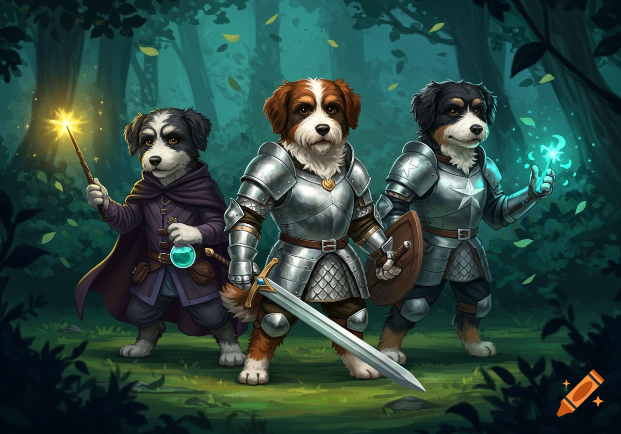 Three cartoon dogs, a wizard, a knight with a sword, and a knight with a shield, stand in a magical forest.