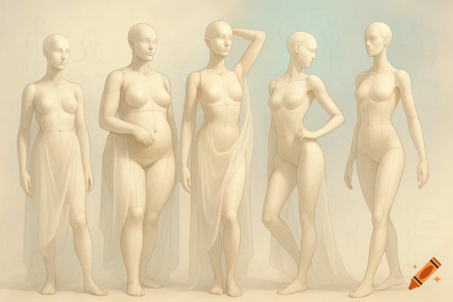 Five stylized female body figures in an illustrative style, demonstrating various body types and poses for anatomy study.