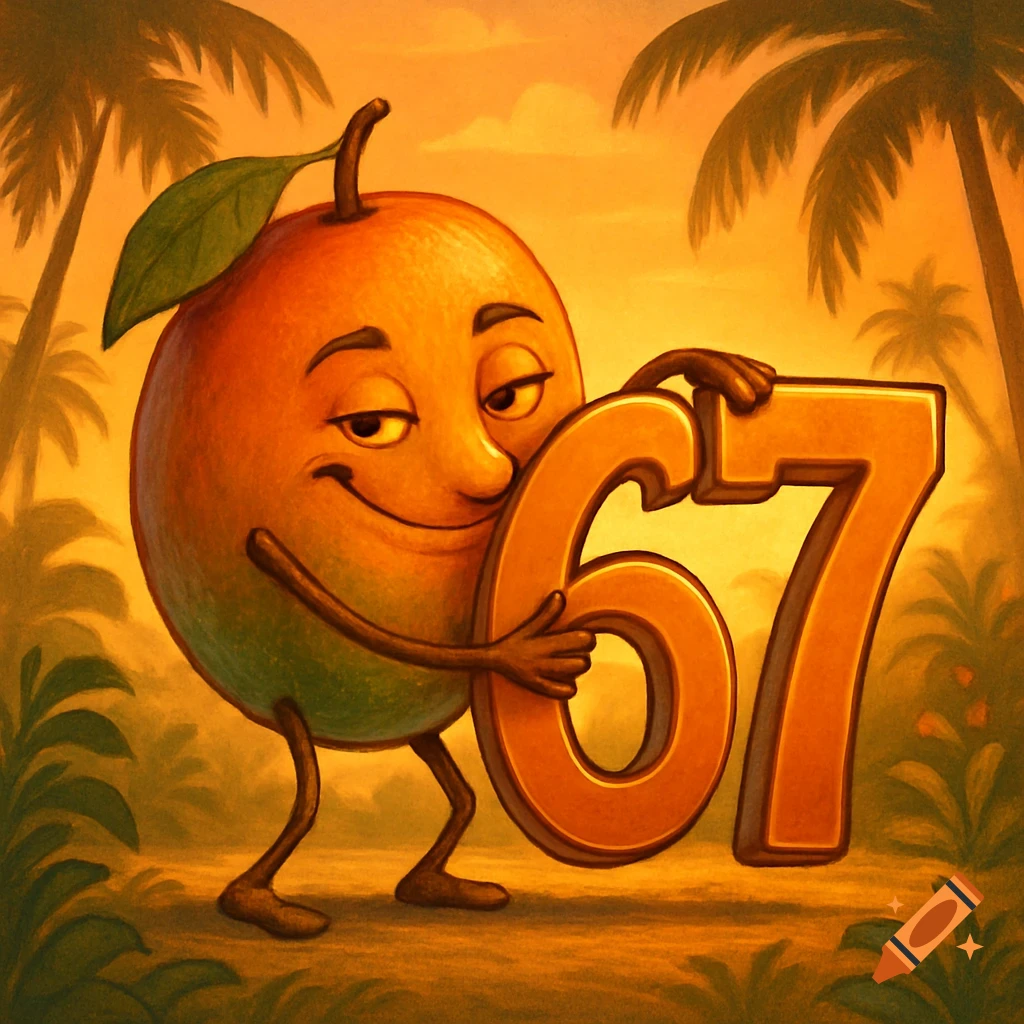 A smiling cartoon mango character holding large golden numbers '67' in a tropical landscape with palm trees.