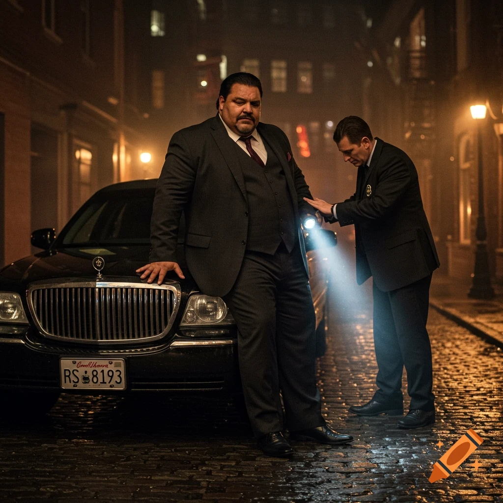 A large man in a suit leans on a black car, while another man in a suit pats him down with a flashlight on a wet city street at night.