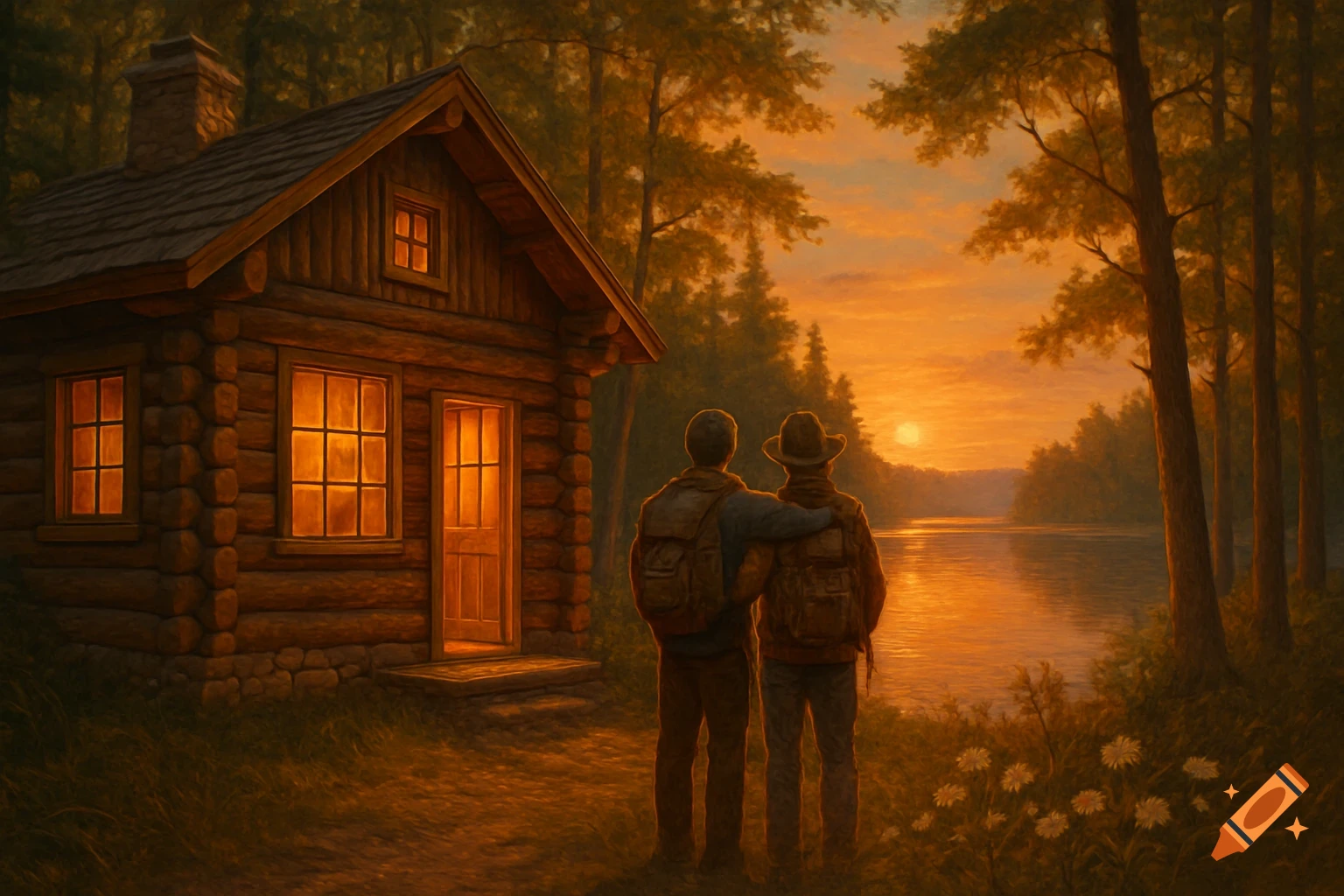 Two friends with backpacks stand by a rustic cabin and a lake, watching a vibrant orange sunset over a forested landscape.