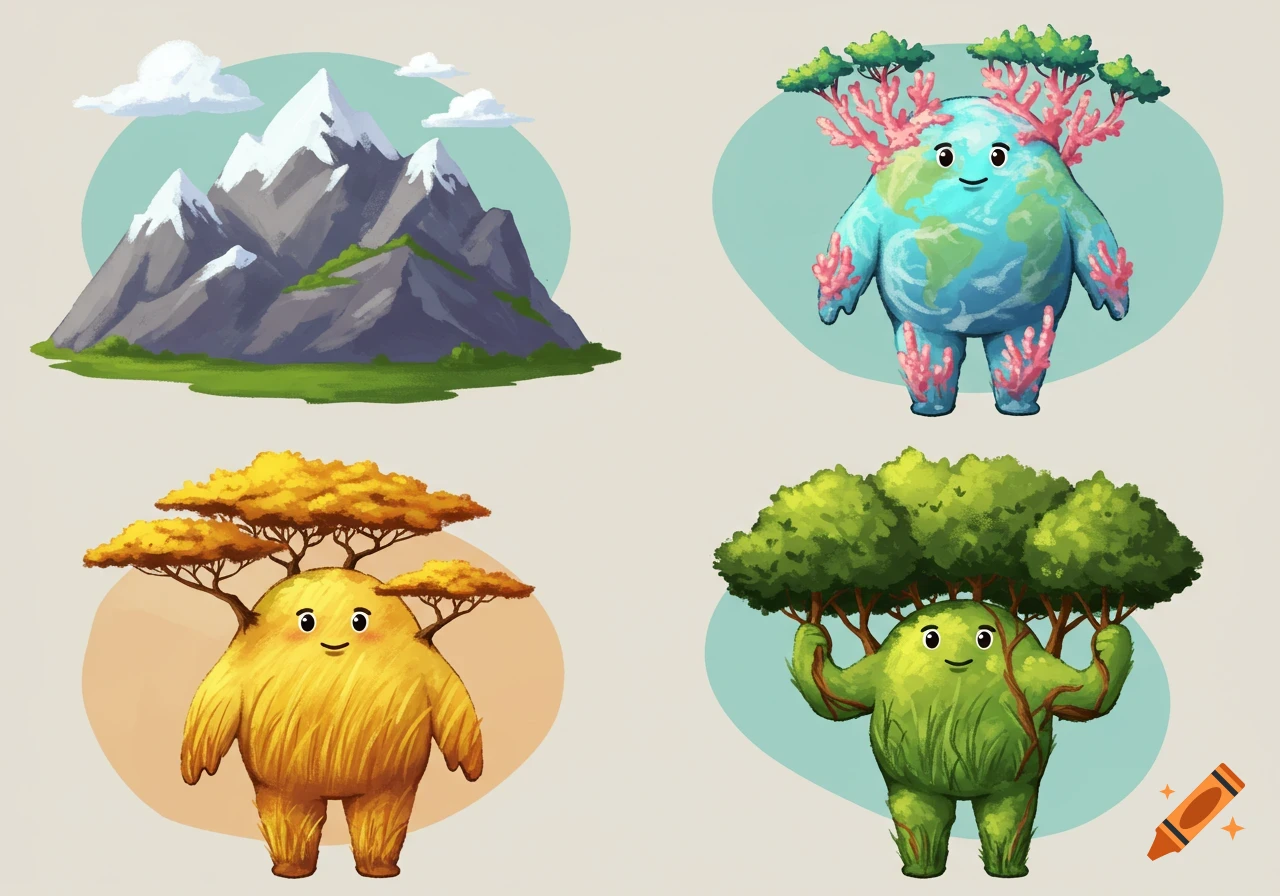 Four cartoon mascots representing nature: mountains, Earth with coral, a yellow fluffy creature with autumn trees, and a green grassy creature with lush trees.