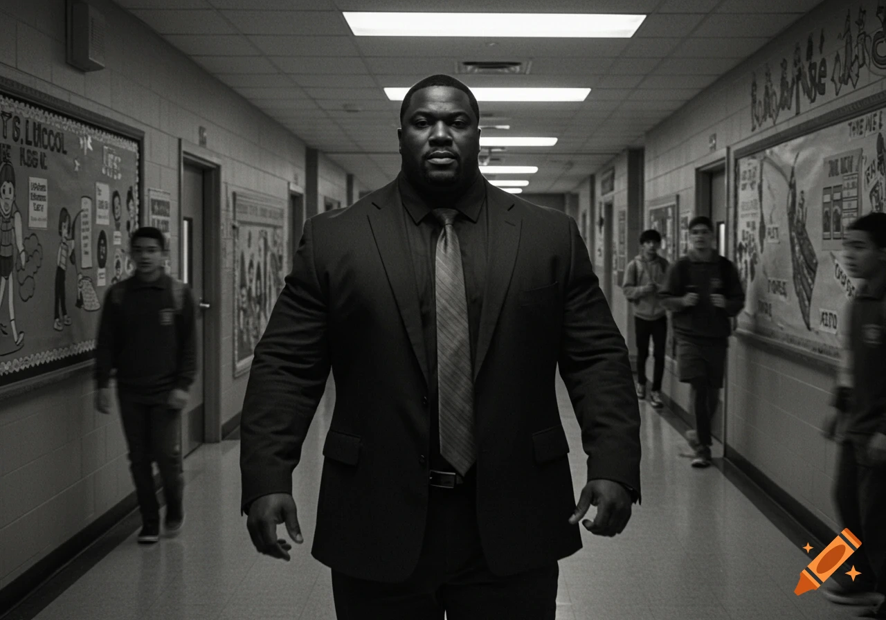 A muscular man in a suit walks down a school hallway, with blurry students in the background, in a black and white photorealistic style.