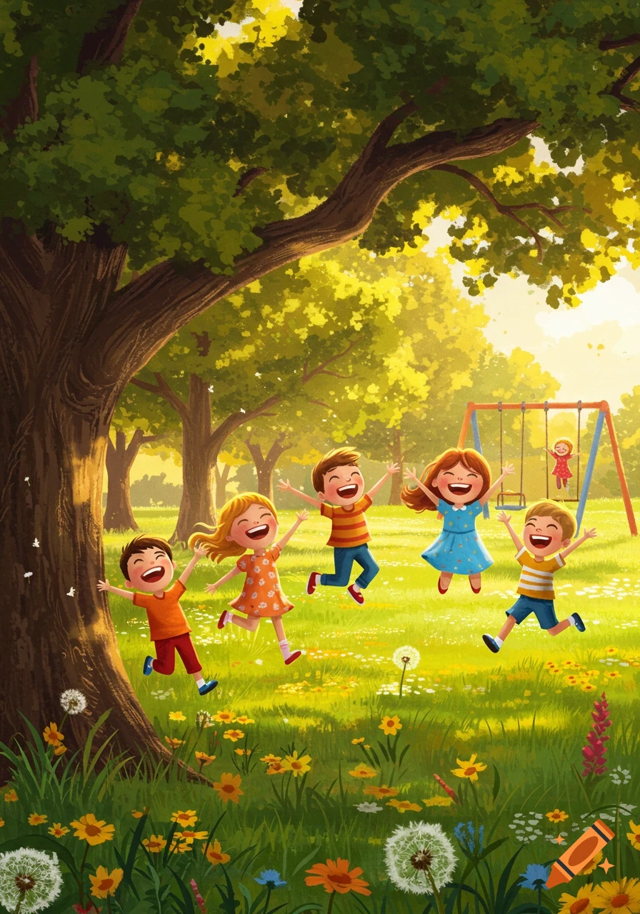 Animated children laugh and jump joyfully in a vibrant, sunny park with a large tree, green grass, colorful flowers, and a swing set.