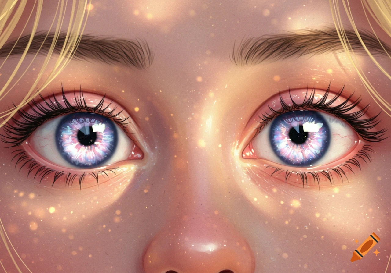 Close-up digital painting of sparkling purple and blue eyes with long lashes and blonde hair, surrounded by glowing particles.