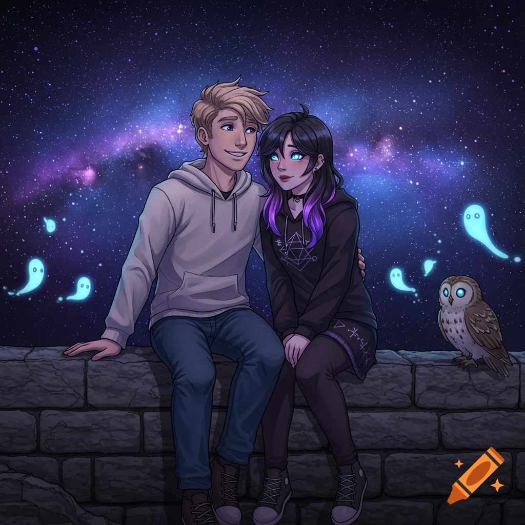 Digital art of Karl Jacobs and Felerime with an owl on a stone wall under a starry night sky with nebulae and glowing spirits.