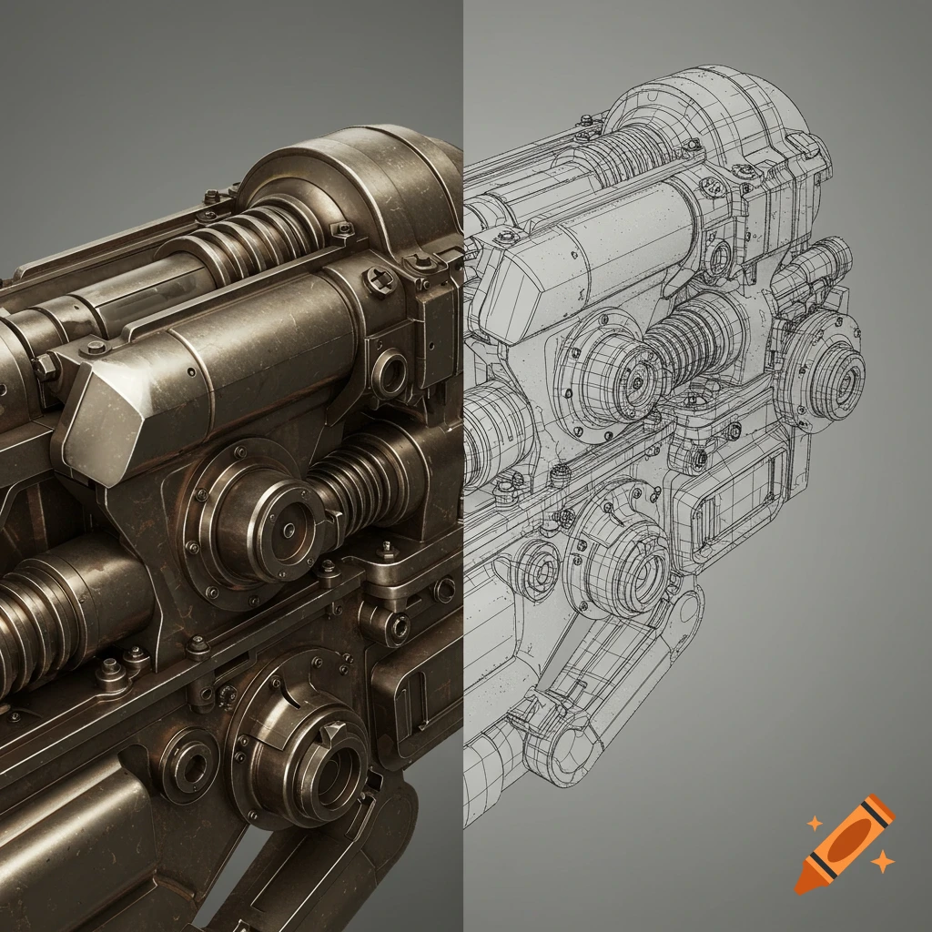 A detailed machine split down the middle, with one side a metallic render and the other a wireframe model against a gray background.