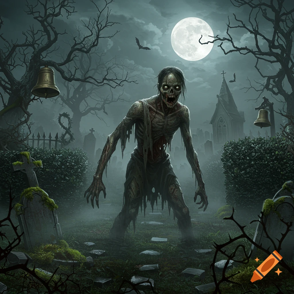 A decaying zombie stands in a foggy graveyard under a full moon, with gravestones and a church steeple in the background.